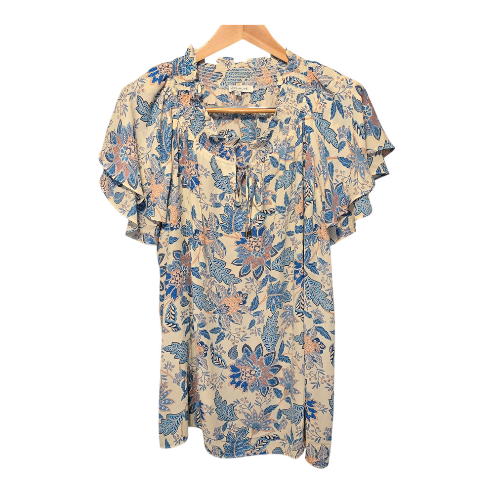 Rose + Olive Top Womens Size 2X Multi Floral Print Flutter Short Sleeve Boho